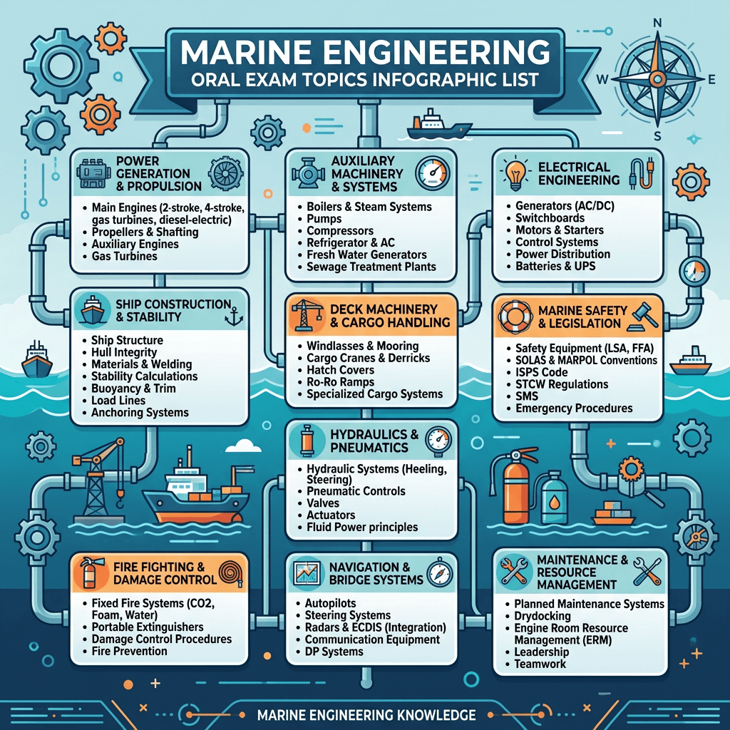Infographic listing marine engineering oral exam topics including power generation, auxiliary systems, electrical engineering, ship construction, deck machinery, marine safety, hydraulics, navigation, fire fighting, and maintenance.